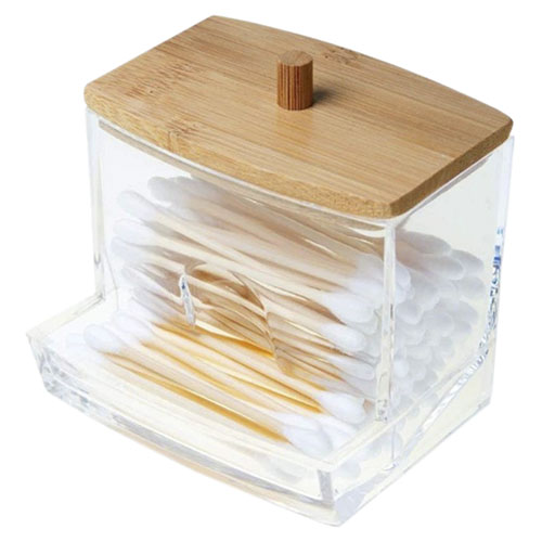 Porta Cotonetes Horizontal em Acrílico com Tampa em Bambu - Organiz