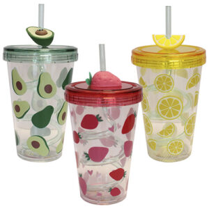 Copo com Tampa e Canudo Frutas 480ml - - - Ke Home