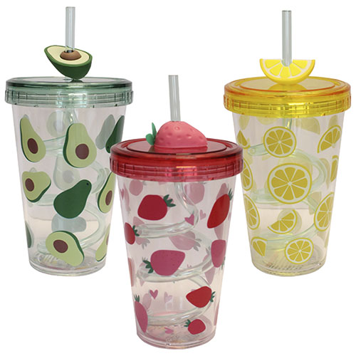 Copo com Tampa e Canudo Frutas 480ml -  -  - Ke Home