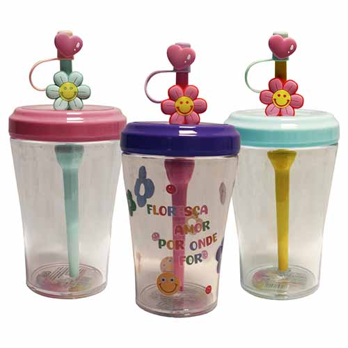 Copo com Tampa e Canudo Floral 520ml -  -  - Ke Home