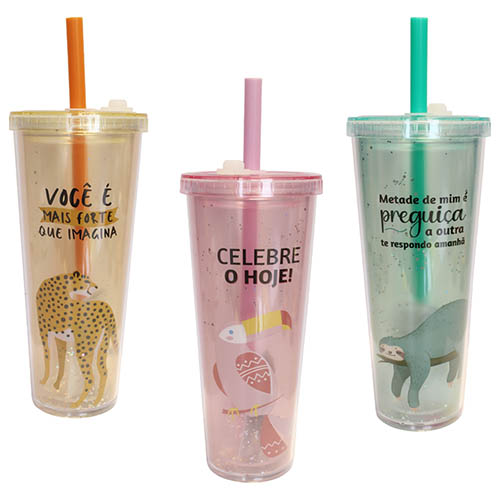 Copo Camada Duplas com Canudo Color Animals - Ke Home