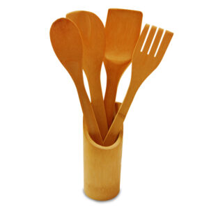 Kit Talheres de Servir em Bambu com Suporte 5 peças - Ke Home